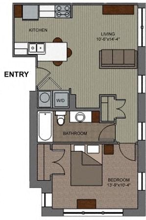 Floor plan for 1 bed, 1 bath, 544 sqft